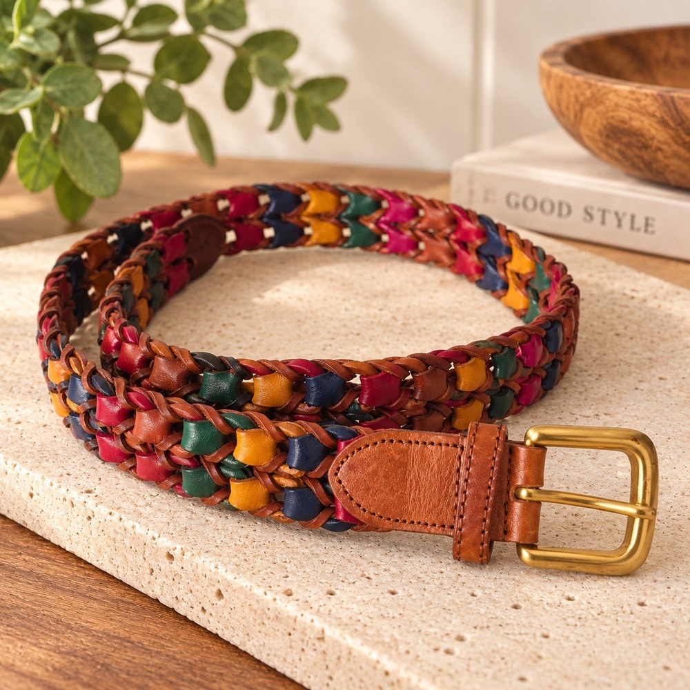 Braided Leather Belt Womens 34 Wovens Medium Made In Italy Brass Buckle Colorful